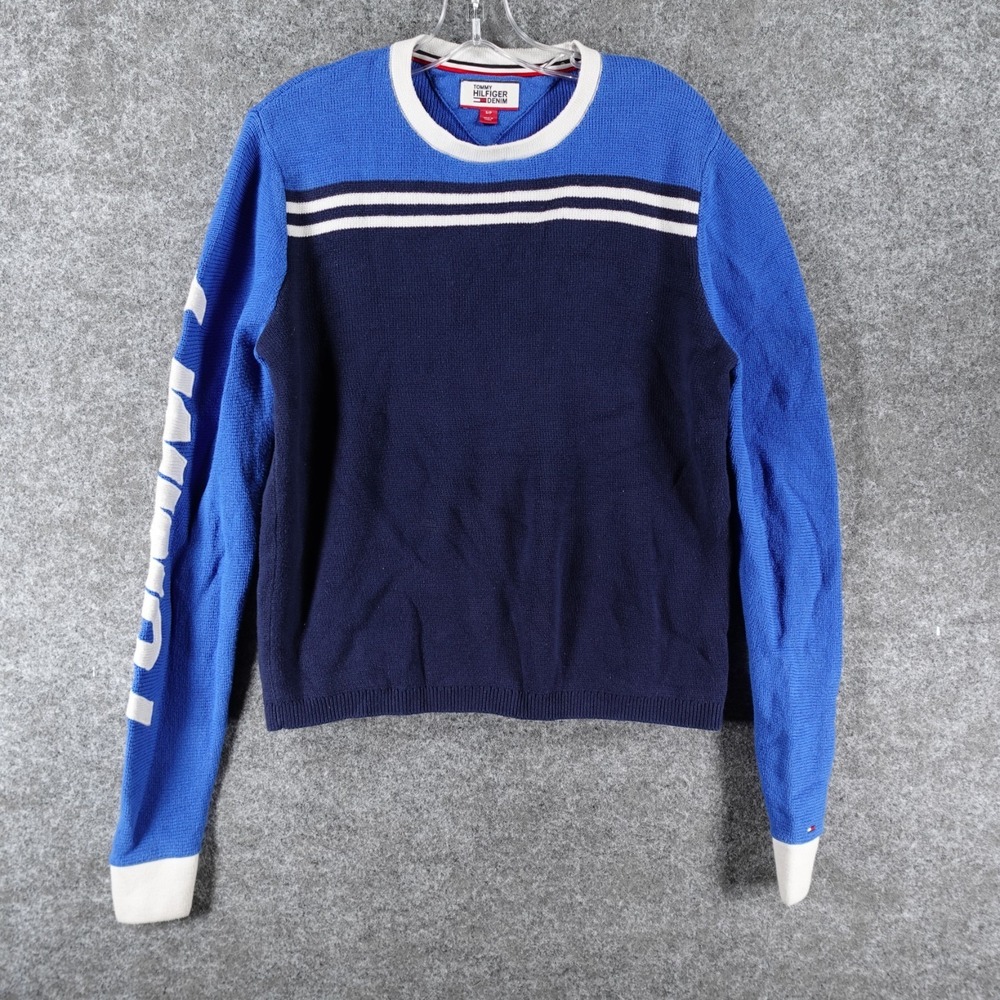 Tommy Hilfiger Denim Pullover Sweater Womens S Navy Blue Racing Stripe Crewneck